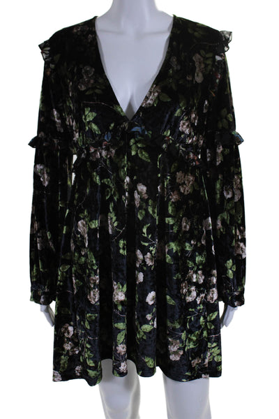 KAS New York Womens Back Zip Long Sleeve Floral Velvet Dress Black Size Small