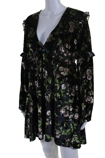 KAS New York Womens Back Zip Long Sleeve Floral Velvet Dress Black Size Small