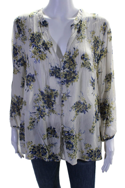 Joie Womens Silk Long Sleeve Floral Pleated Button Down Blouse White Size M