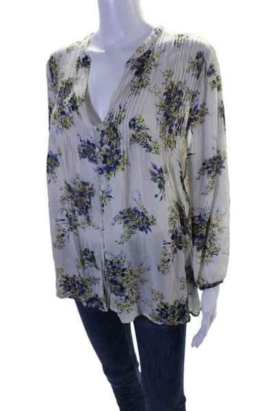 Joie Womens Silk Long Sleeve Floral Pleated Button Down Blouse White Size M