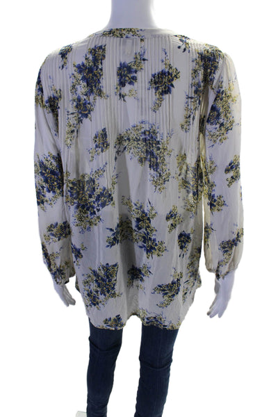 Joie Womens Silk Long Sleeve Floral Pleated Button Down Blouse White Size M