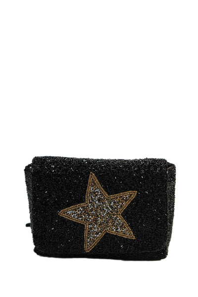 Moyna Womens Single Strap Small Star Beaded Flap Shoulder Handbag Black