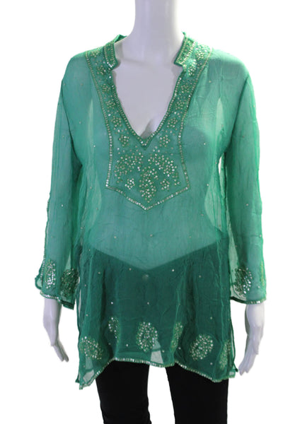 BCBGMAXAZRIA Womens Silk Sequin V-Neck Long Sleeve Tunic Blouse Top Green Size M