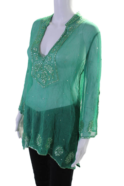 BCBGMAXAZRIA Womens Silk Sequin V-Neck Long Sleeve Tunic Blouse Top Green Size M