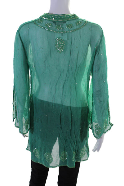 BCBGMAXAZRIA Womens Silk Sequin V-Neck Long Sleeve Tunic Blouse Top Green Size M