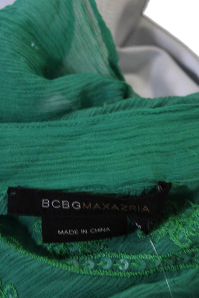 BCBGMAXAZRIA Womens Silk Sequin V-Neck Long Sleeve Tunic Blouse Top Green Size M