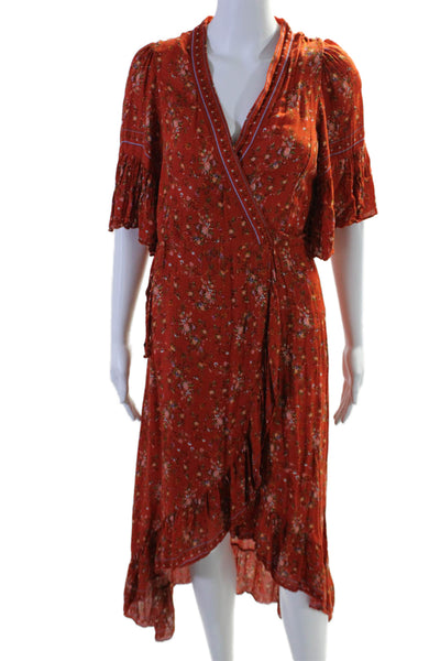 CHELSEA + VIOLET Womens Red Floral V-Neck 3/4 Sleeve Midi Wrap Dress Size S