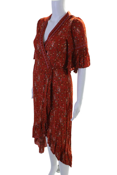 CHELSEA + VIOLET Womens Red Floral V-Neck 3/4 Sleeve Midi Wrap Dress Size S