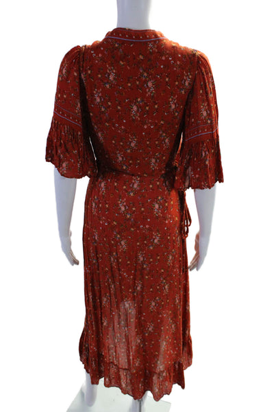 CHELSEA + VIOLET Womens Red Floral V-Neck 3/4 Sleeve Midi Wrap Dress Size S