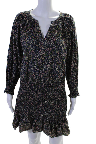 Veronica Beard Womens Cotton Navy Floral Smoked Long Sleeve Shift Dress Size 8