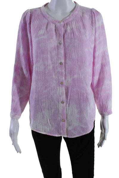 Honore Womens Long Sleeve Button Down Round Neck Blouse Pink Size Medium