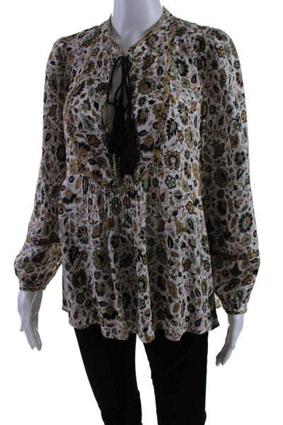 ALC Womens Long Sleeve Floral Print V Neck Blouse Silk White Size 8