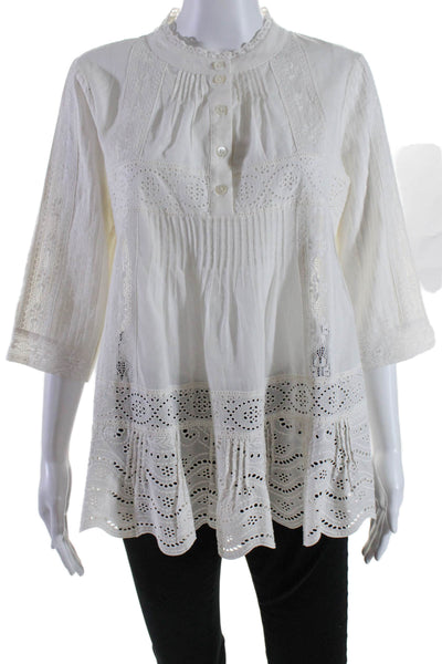 Sea Womens 1/2 Button Long Sleeve Open Knit Flare Blouse White Size 8