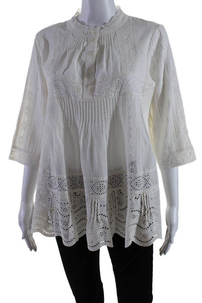 Sea Womens 1/2 Button Long Sleeve Open Knit Flare Blouse White Size 8