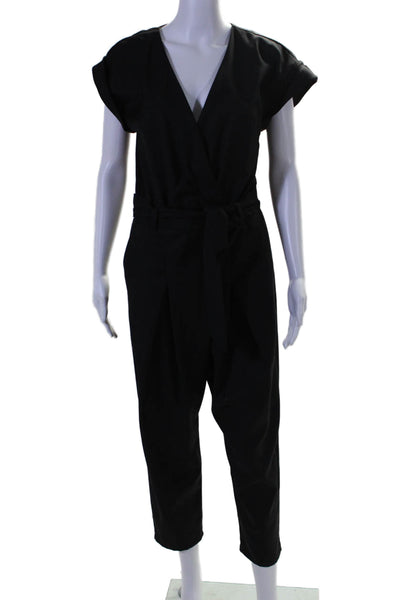 J Crew Collection Womens V Neck Short Sleeves Belted Jumpsuit Black Wool Size 0