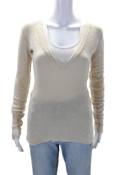 Inhabit Womens Cashmere Long Sleeves V Neck Sweater Off White Size Small