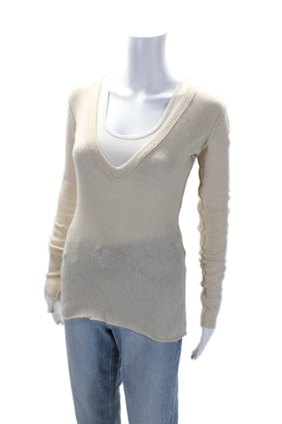 Inhabit Womens Cashmere Long Sleeves V Neck Sweater Off White Size Small