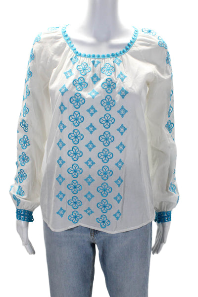 Tory Burch Womens Embroidered Long Sleeves Blouse White Blue Cotton Size 2