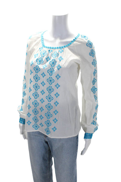 Tory Burch Womens Embroidered Long Sleeves Blouse White Blue Cotton Size 2