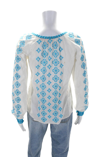 Tory Burch Womens Embroidered Long Sleeves Blouse White Blue Cotton Size 2