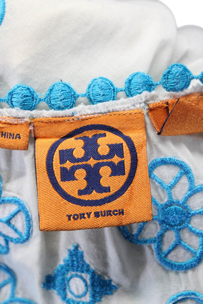 Tory Burch Womens Embroidered Long Sleeves Blouse White Blue Cotton Size 2