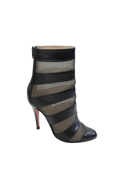 Christian Louboutin Women's Pointed Toe Mesh Leather Ankle Boots Black Size 37