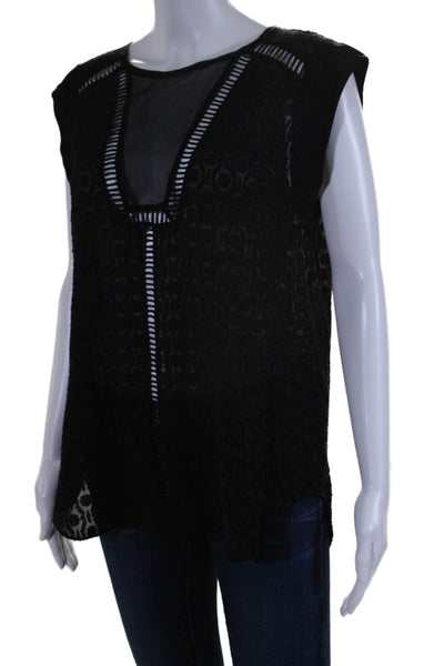 Rebecca Taylor Womens Scoop Neck Sheer Trim Ladder Lace Silk Top Black Size 6