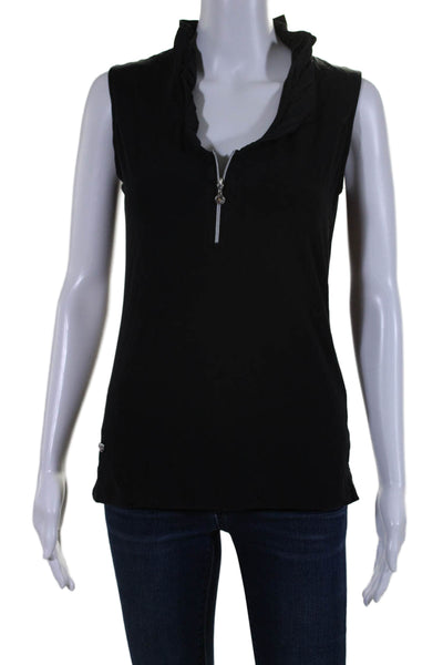 Daily Sports Womens Front Zip Sleeveless Ruffled V Neck Knit Top Black Small