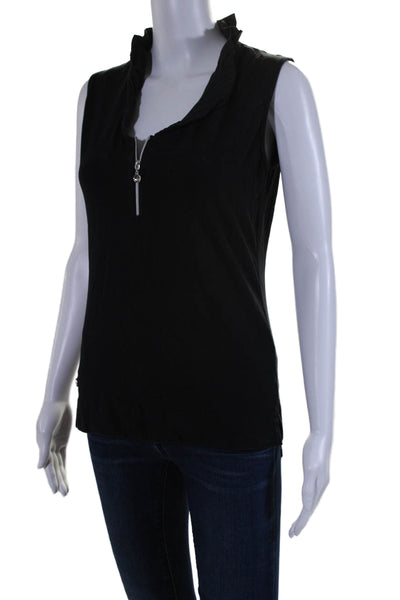 Daily Sports Womens Front Zip Sleeveless Ruffled V Neck Knit Top Black Small