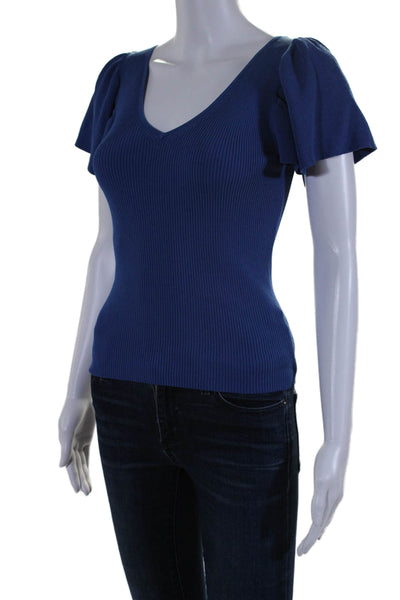 Sandro Womens Short Sleeve Ribbed Knit V Neck Top Blouse Blue Size 2