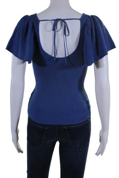 Sandro Womens Short Sleeve Ribbed Knit V Neck Top Blouse Blue Size 2