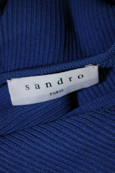 Sandro Womens Short Sleeve Ribbed Knit V Neck Top Blouse Blue Size 2