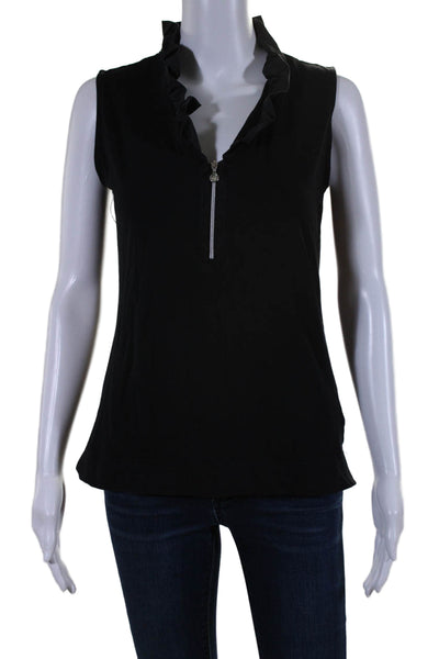 Daily Sports Womens Sleeveless Ruffled Scoop Neck Front Zip Top Black Size Small