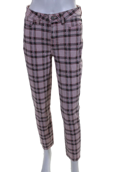 Paige Womens Cotton Zip Button Slim Leg Bottom Fray Plaid Pants Pink Size EUR 27