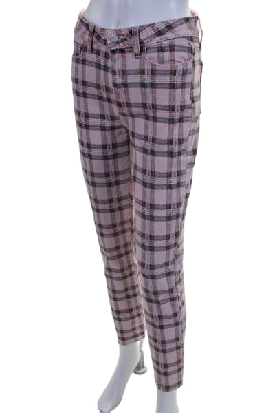 Paige Womens Cotton Zip Button Slim Leg Bottom Fray Plaid Pants Pink Size EUR 27