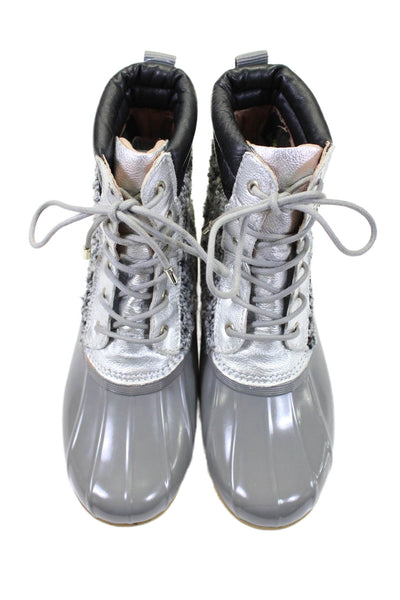 Sam Edelman Womens Textured Lace Up Shiny Thick Snow Boots Gray Size 7