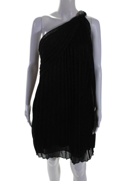 Halston Womens Side Zip One Shoulder Metallic Pleated Cocktail Dress Black 10