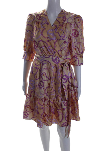 Sandro Womens Short Sleeve V Neck Floral Silk Wrap Dress Orange Purple FR 40