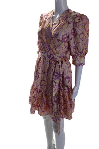 Sandro Womens Short Sleeve V Neck Floral Silk Wrap Dress Orange Purple FR 40