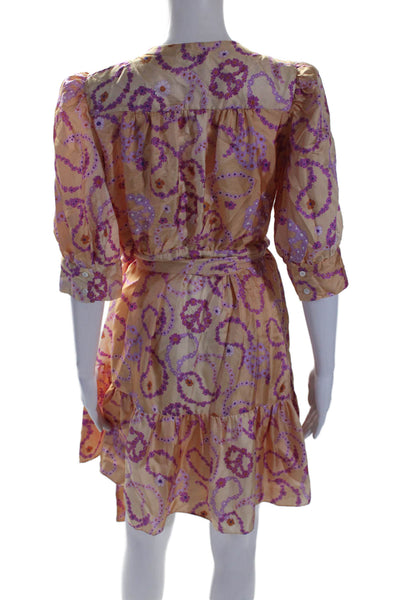 Sandro Womens Short Sleeve V Neck Floral Silk Wrap Dress Orange Purple FR 40