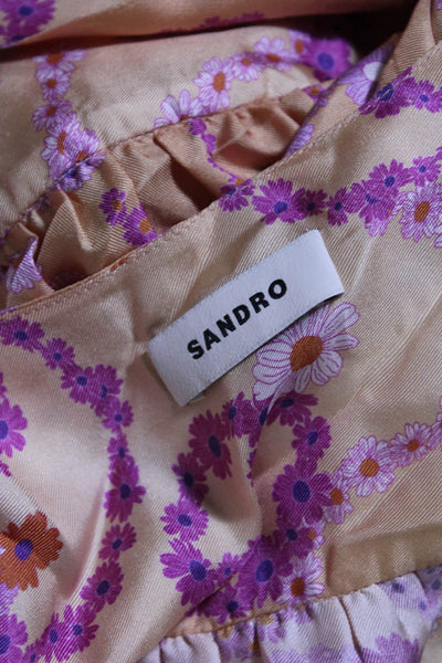 Sandro Womens Short Sleeve V Neck Floral Silk Wrap Dress Orange Purple FR 40