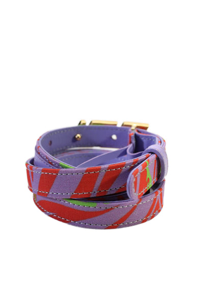 Versace Womens Purple Multi Printed Leather Push Lock Skinny Belt Size 46