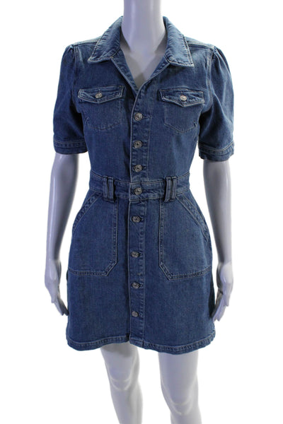 Paige Women's Collared Short Sleeves Medium Wash Denim Mini Dress Size S