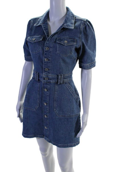 Paige Women's Collared Short Sleeves Medium Wash Denim Mini Dress Size S