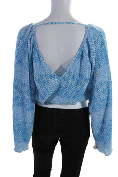 Ramy Brook Womens Smocked Chevron Print V Neck Wide Sleeve Blouse Blue Size XS