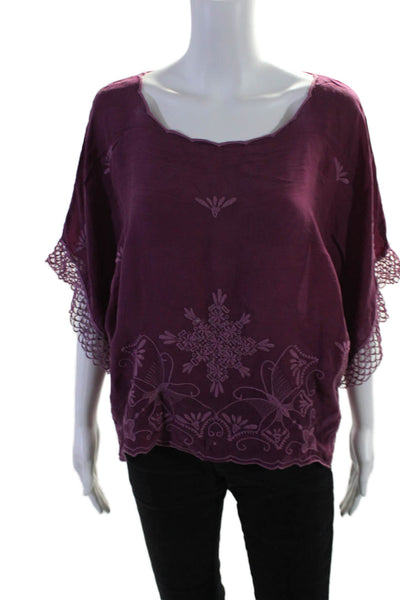 Johnny Was Womens Short Sleeve Scalloped Trim Embroidered Blouse Purple Size XS