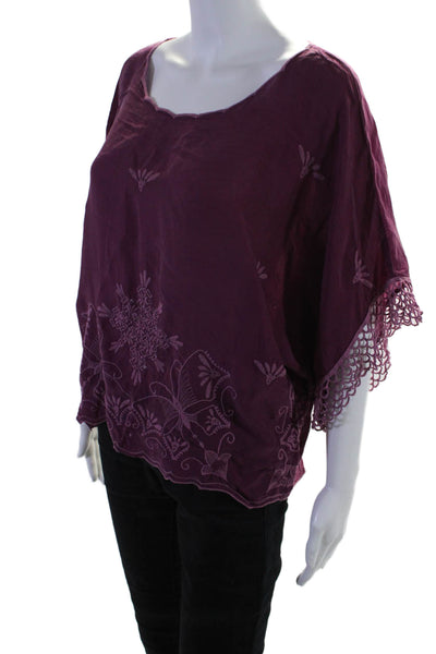 Johnny Was Womens Short Sleeve Scalloped Trim Embroidered Blouse Purple Size XS