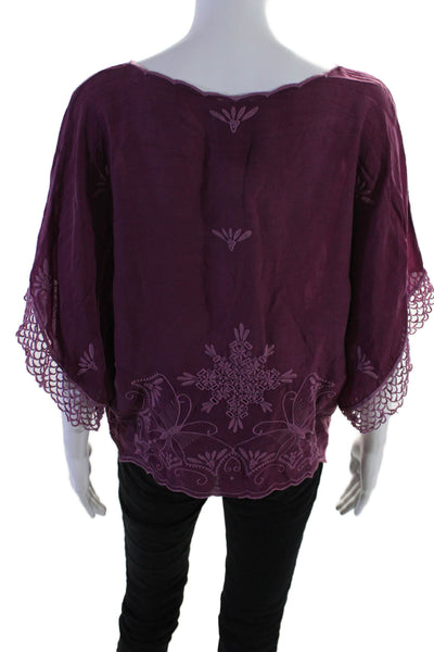 Johnny Was Womens Short Sleeve Scalloped Trim Embroidered Blouse Purple Size XS