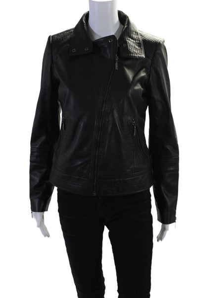 Bernardo Womens Leather Full Zip Lined Biker Jacket Black Size S