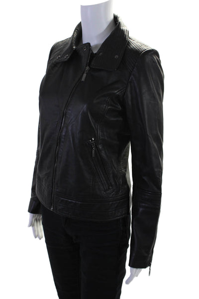 Bernardo Womens Leather Full Zip Lined Biker Jacket Black Size S